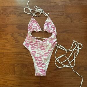 Frankie's Bikinis White One-Piece with Pink Lip Print
